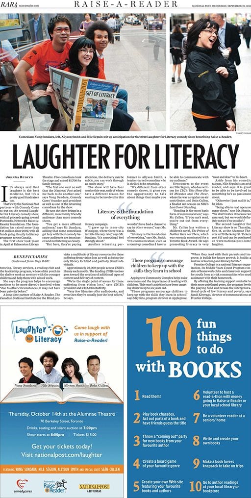 National Post Laughter for Literacy Raise-a-Reader Learning Enrichment Foundation Vong Show Headshot Gay Pride LGBT LGBTQ Queer Comedy Jokes Standup Asian Chinese Thai Laos Urban Canada Toronto Ontario Winnipeg Allyson June Smith Nile Seguin